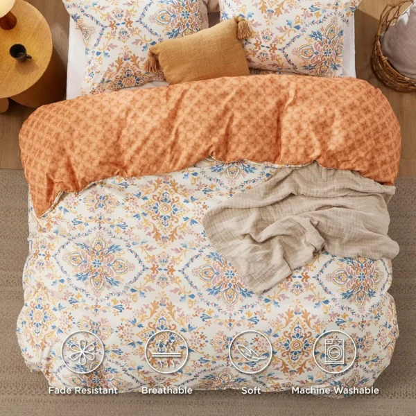 Winterwraps Duvet Cover Set Queen Size Reversible Bohemian Orange with Zipper Damask Patterned - Image 3