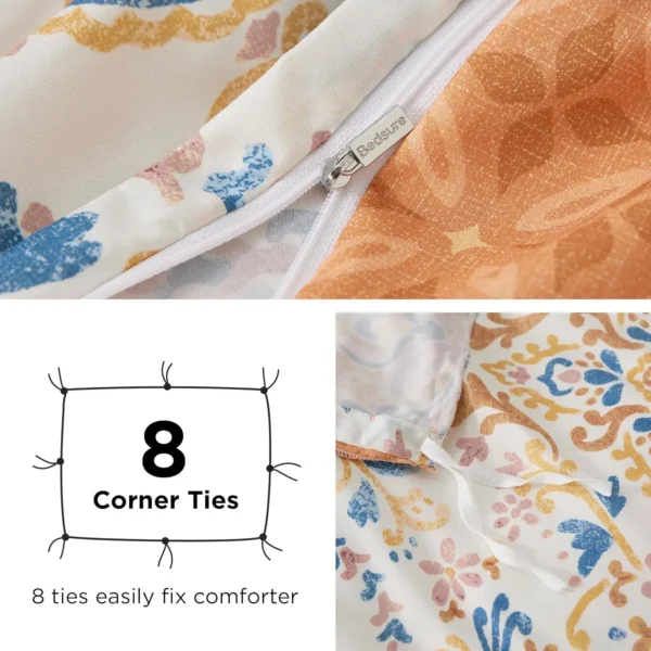 Winterwraps Duvet Cover Set Queen Size Reversible Bohemian Orange with Zipper Damask Patterned - Image 4
