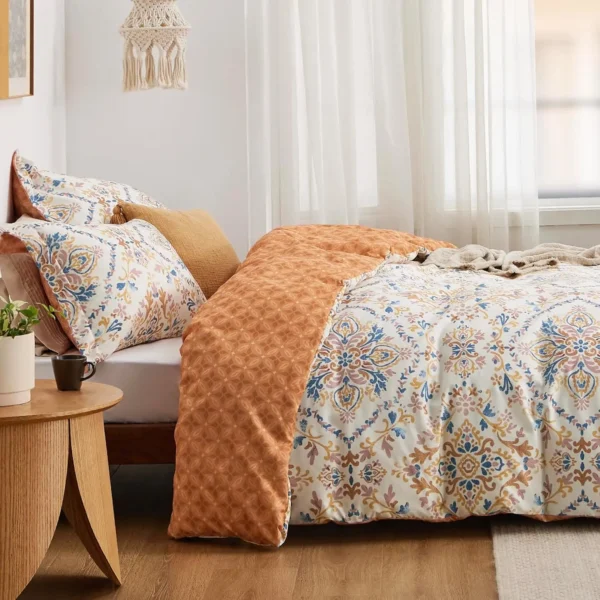 Winterwraps Duvet Cover Set Queen Size Reversible Bohemian Orange with Zipper Damask Patterned - Image 6