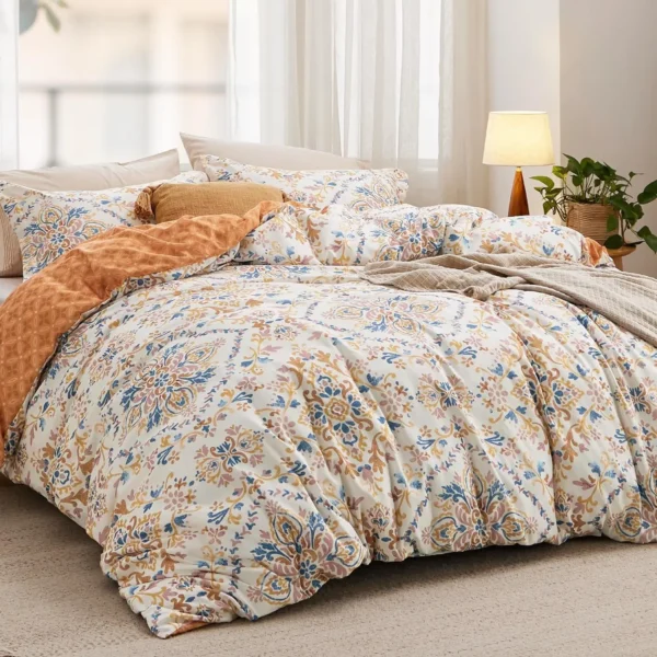 Winterwraps Duvet Cover Set Queen Size Reversible Bohemian Orange with Zipper Damask Patterned
